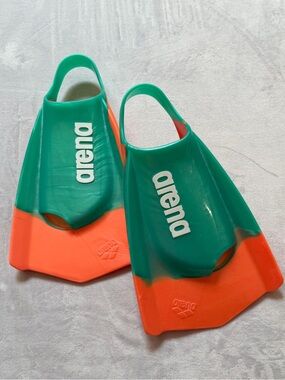 Arena Powerfins Plus Green & Orange Swim Training Fins Adult Men 9.5 10.5 Shoe